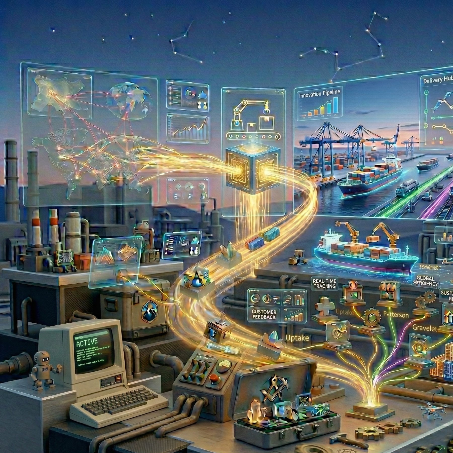 Illuminated waterfront city at night representing connected digital delivery